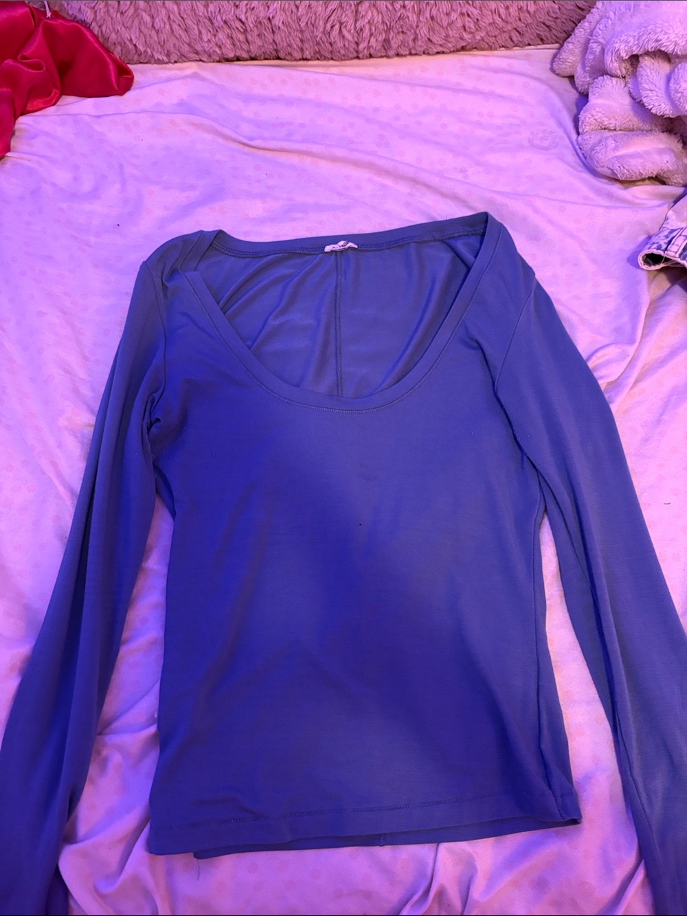 Garage Blue Scoop Neck Long Sleeve Top